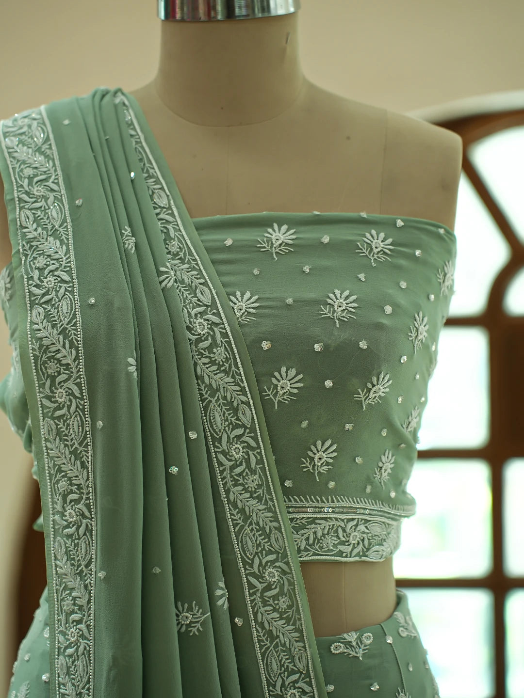 Ada Hand Embroidered Teal Green Pure Georgette Lucknowi Chikankari Lehenga Set With Sequinned Work 01A754674