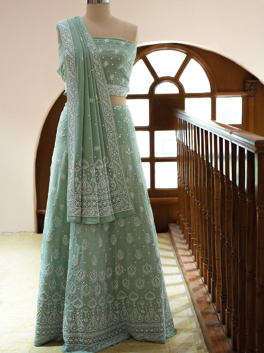 Ada Hand Embroidered Teal Green Pure Georgette Lucknowi Chikankari Lehenga Set With Sequinned Work 01A754674