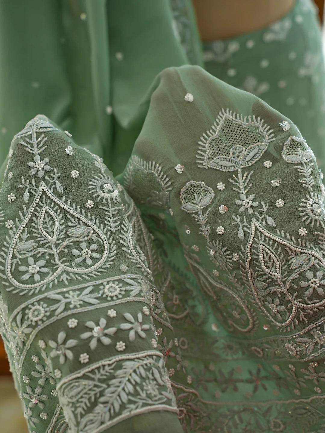 Ada Hand Embroidered Teal Green Pure Georgette Lucknowi Chikankari Lehenga Set With Sequinned Work 01A754674