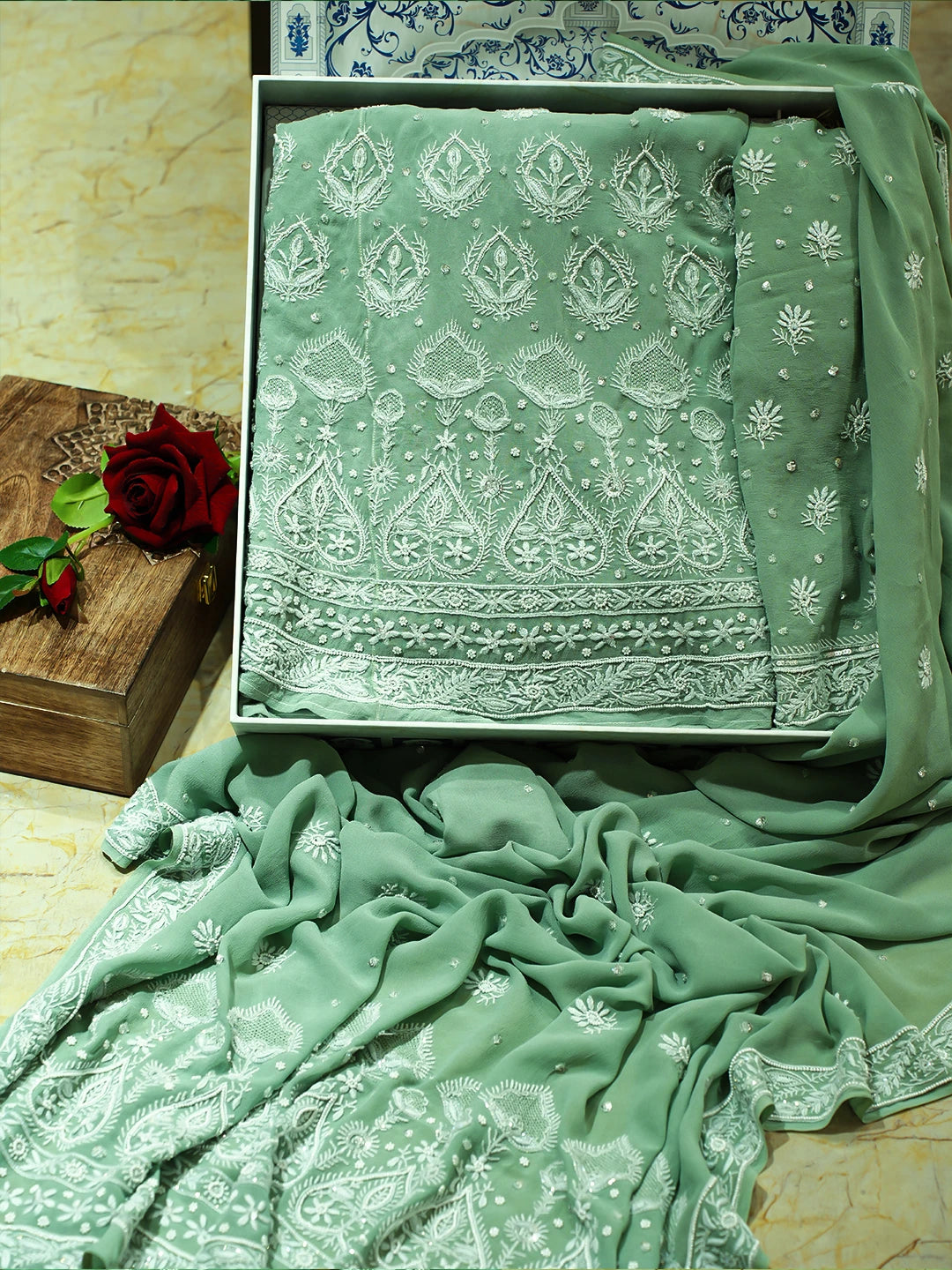 Ada Hand Embroidered Teal Green Pure Georgette Lucknowi Chikankari Lehenga Set With Sequinned Work 01A754674