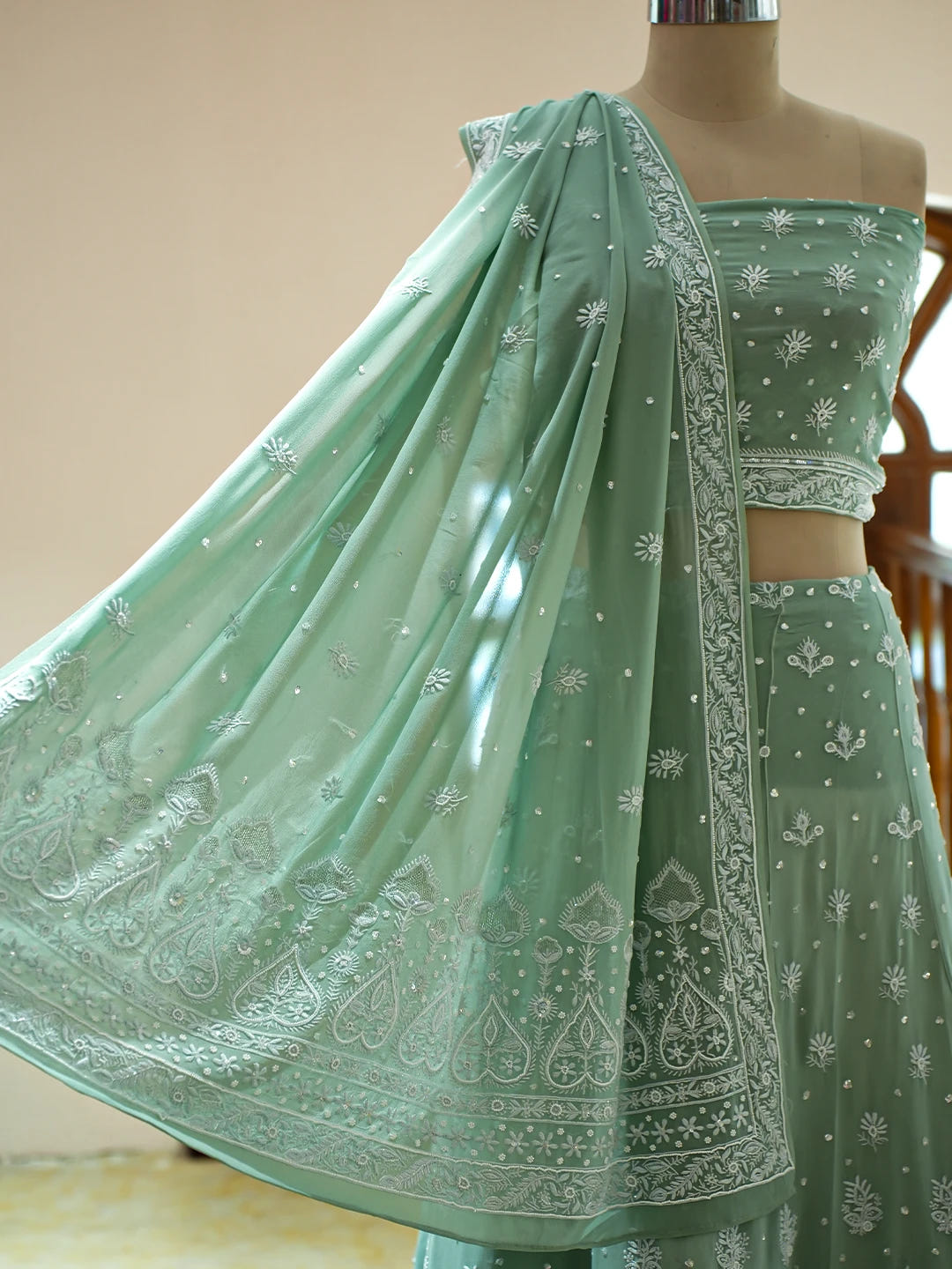 Ada Hand Embroidered Teal Green Pure Georgette Lucknowi Chikankari Lehenga Set With Sequinned Work 01A754674