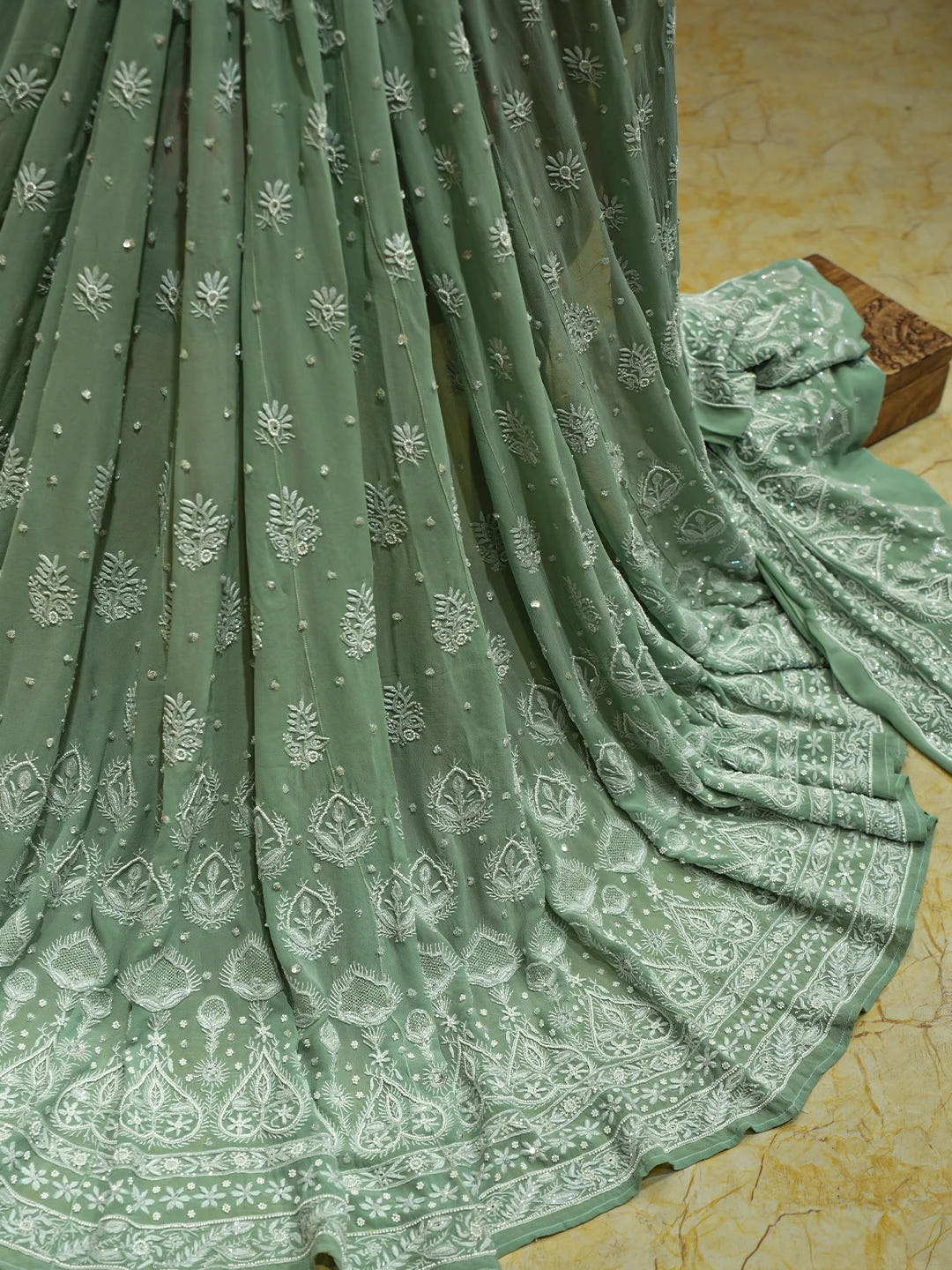 Ada Hand Embroidered Teal Green Pure Georgette Lucknowi Chikankari Lehenga Set With Sequinned Work 01A754674