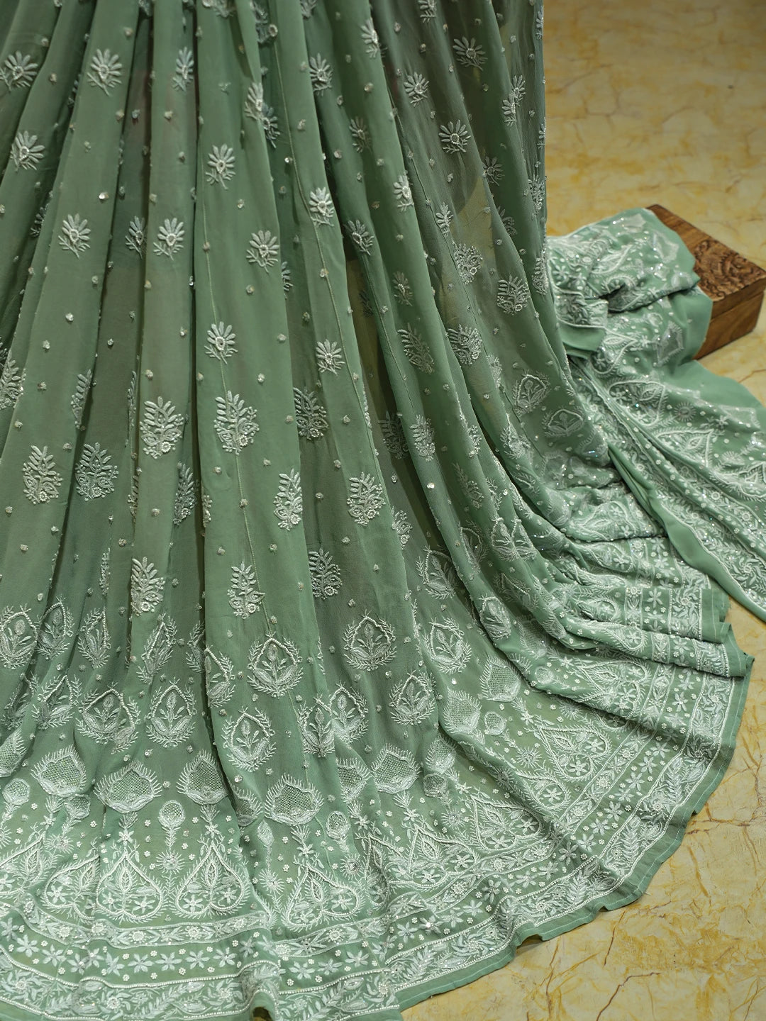 Ada Hand Embroidered Teal Green Pure Georgette Lucknowi Chikankari Lehenga Set With Sequinned Work 01A754674