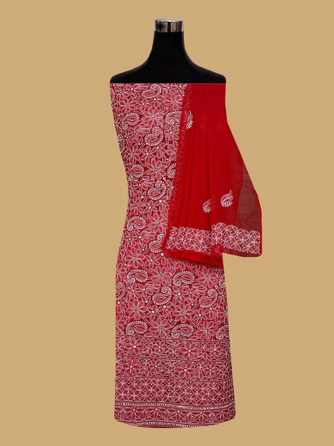 Ada Hand Embroidered Red Georgette Lucknowi Chikankari Unstitched Suit Piece With Cutdana Work 01A254257