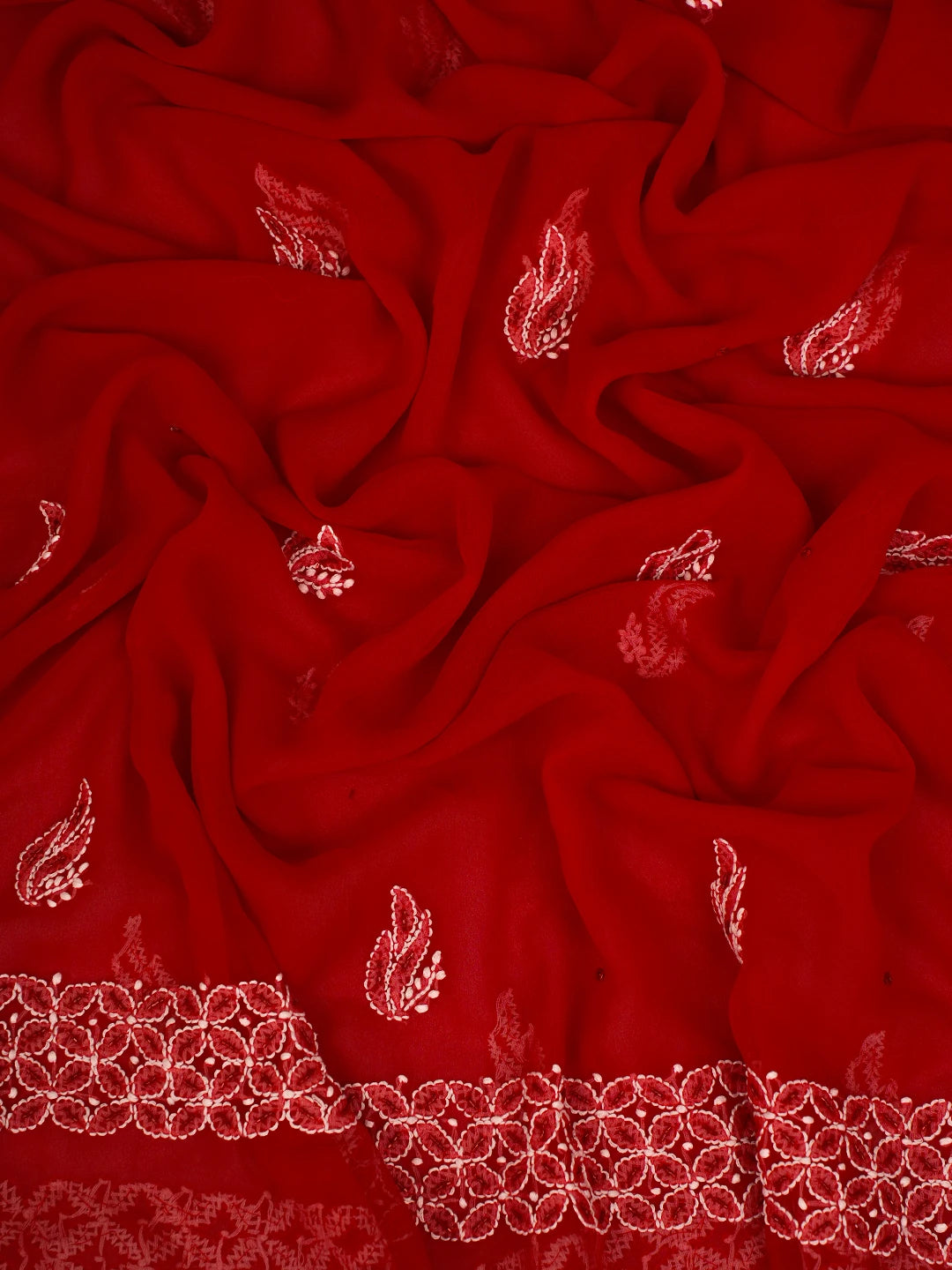 Ada Hand Embroidered Red Georgette Lucknowi Chikankari Unstitched Suit Piece With Cutdana Work 01A254257