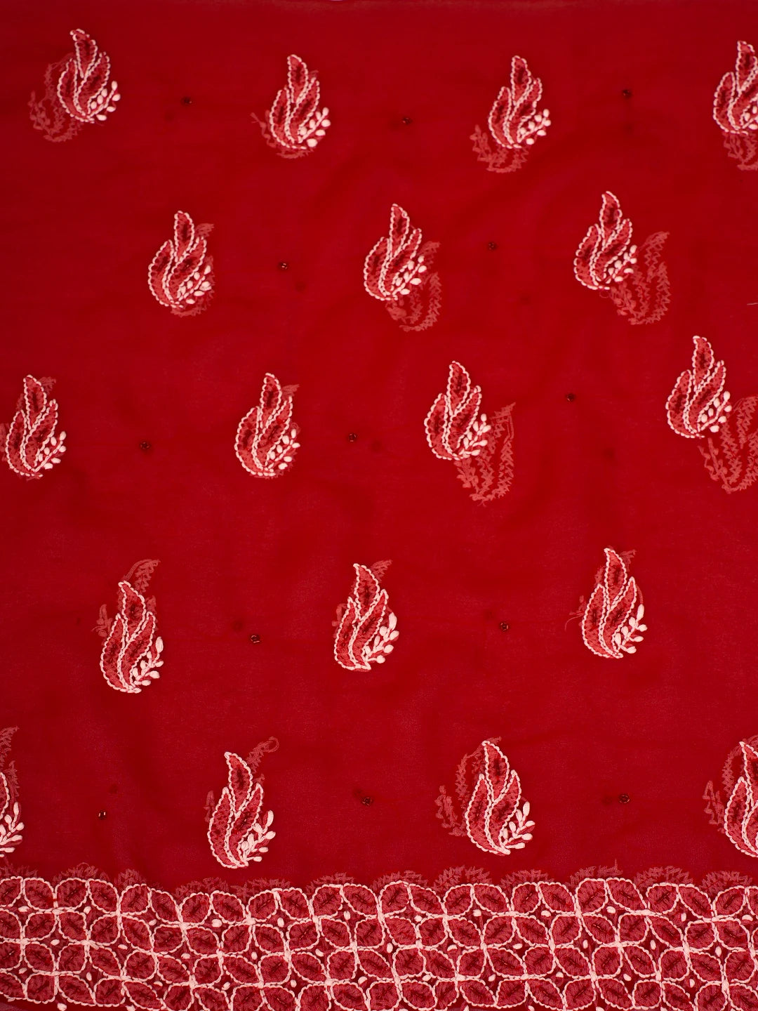 Ada Hand Embroidered Red Georgette Lucknowi Chikankari Unstitched Suit Piece With Cutdana Work 01A254257