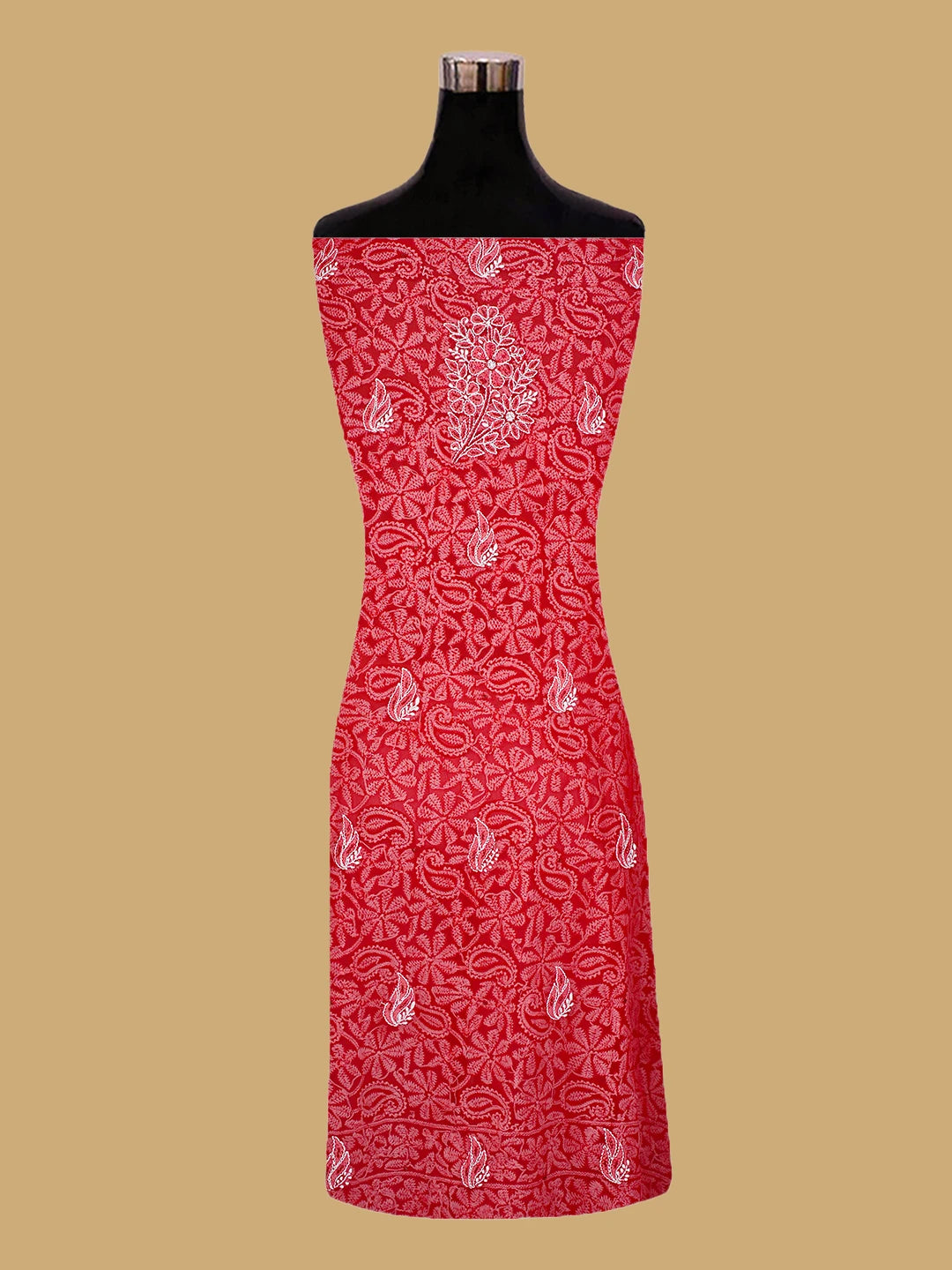 Ada Hand Embroidered Red Georgette Lucknowi Chikankari Unstitched Suit Piece With Cutdana Work 01A254257