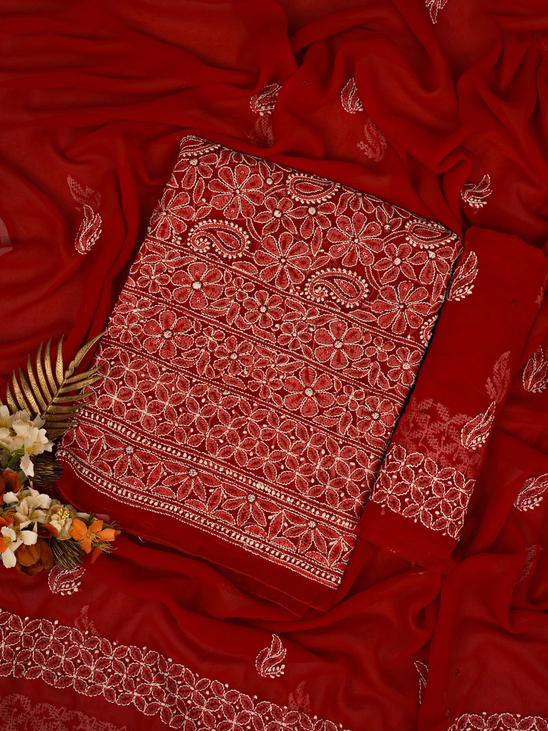 Ada Hand Embroidered Red Georgette Lucknowi Chikankari Unstitched Suit Piece With Cutdana Work 01A254257