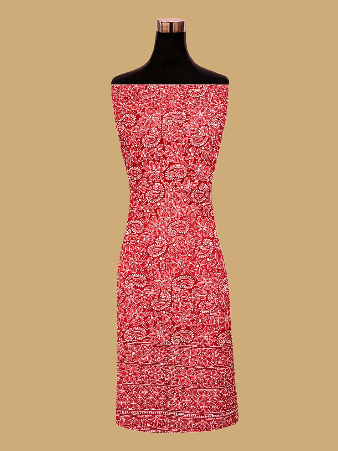 Ada Hand Embroidered Red Georgette Lucknowi Chikankari Unstitched Suit Piece With Cutdana Work 01A254257