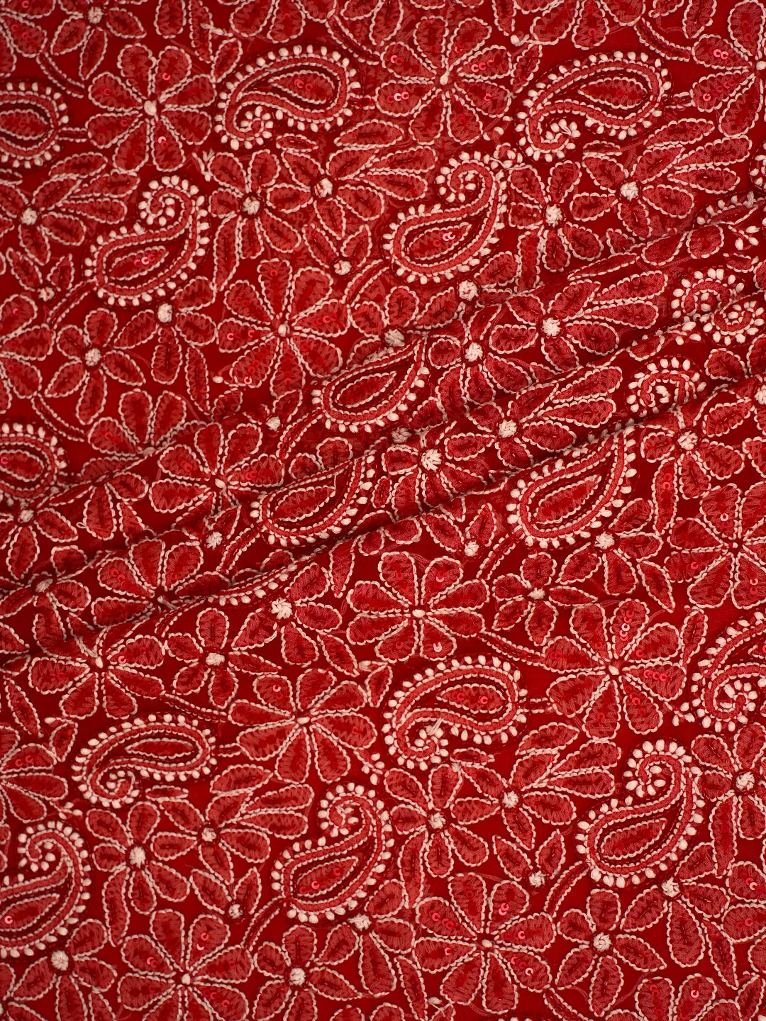 Ada Hand Embroidered Red Georgette Lucknowi Chikankari Unstitched Suit Piece With Cutdana Work 01A254257