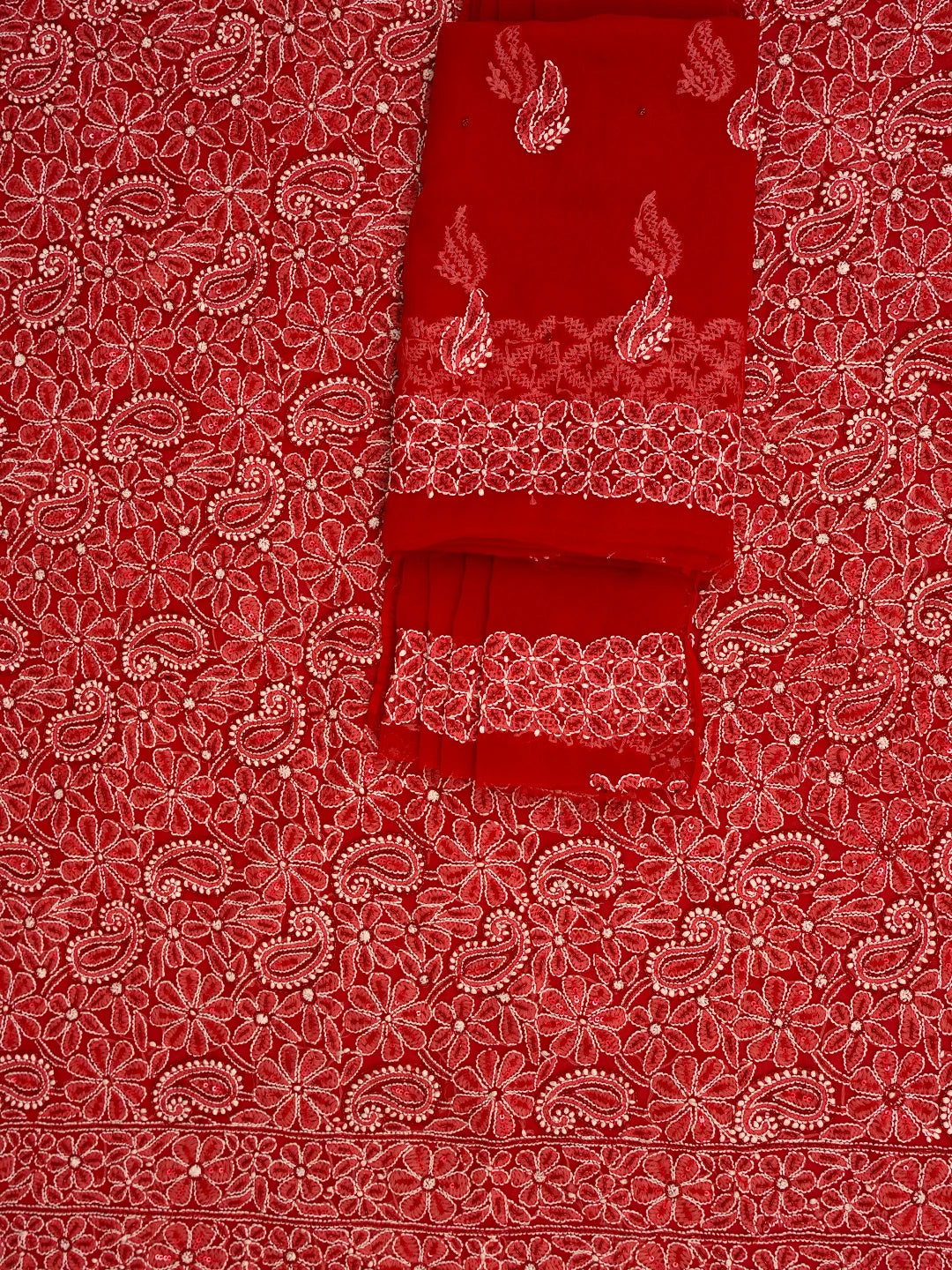 Ada Hand Embroidered Red Georgette Lucknowi Chikankari Unstitched Suit Piece With Cutdana Work 01A254257