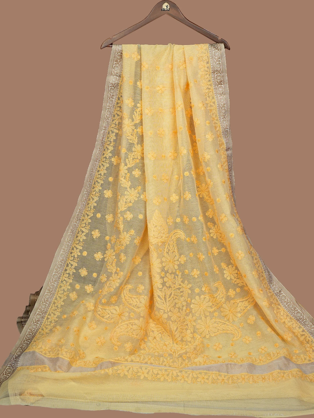 Ada Hand Embroidered Light Yellow Kota Chanderi Lucknowi Chikankari Saree and Blouse 01A709941