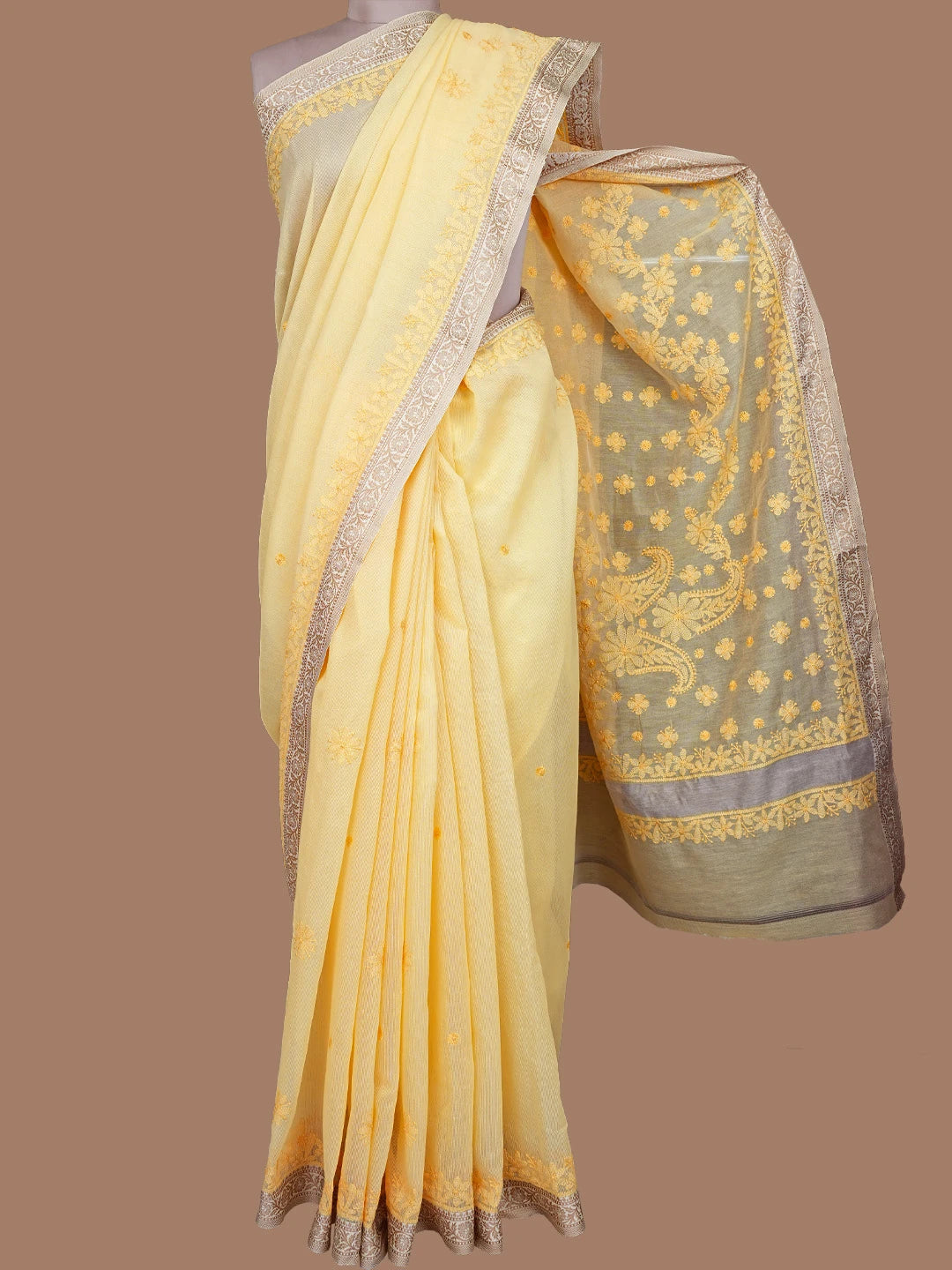 Ada Hand Embroidered Light Yellow Kota Chanderi Lucknowi Chikankari Saree and Blouse 01A709941