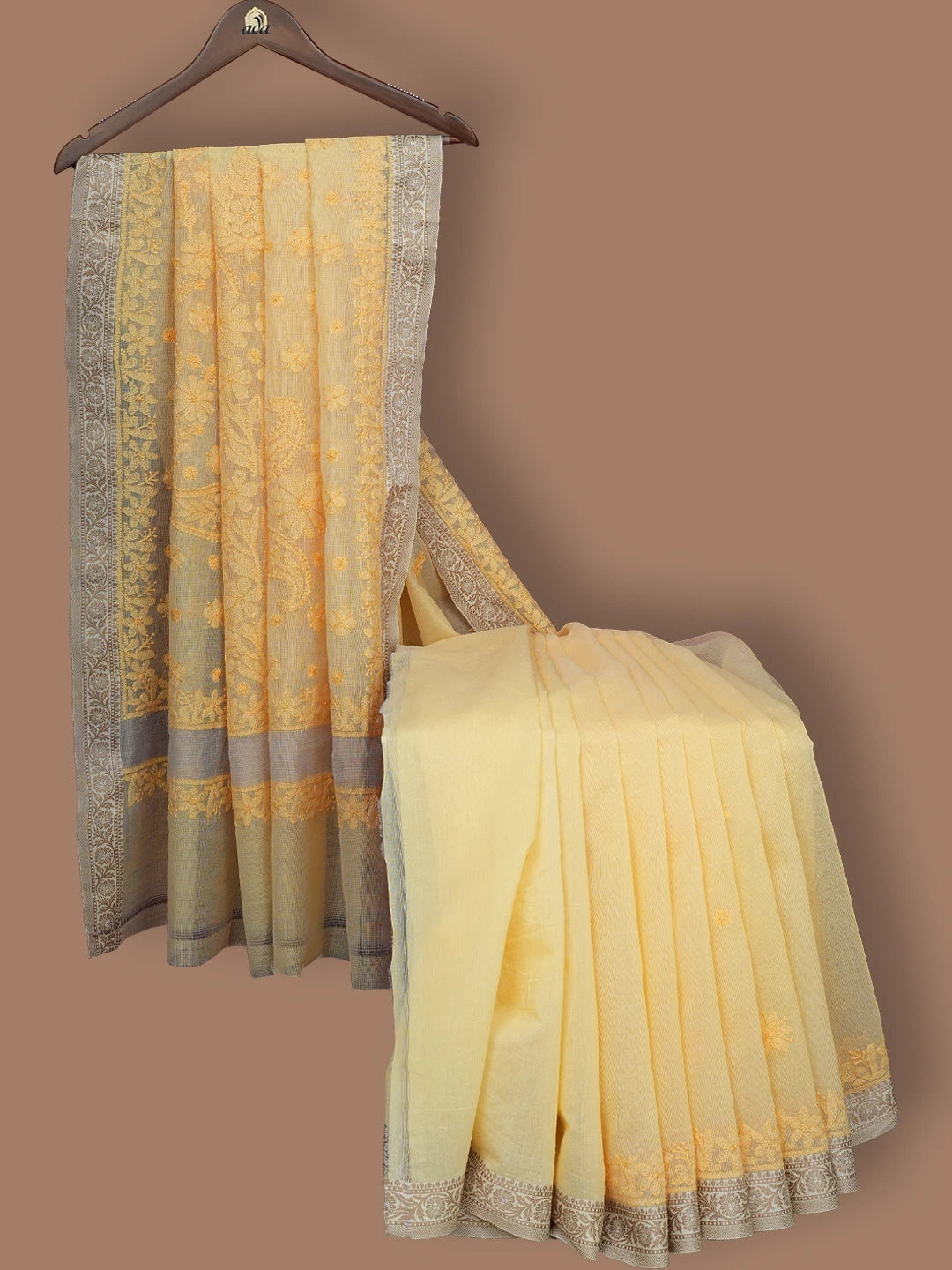 Ada Hand Embroidered Light Yellow Kota Chanderi Lucknowi Chikankari Saree and Blouse 01A709941