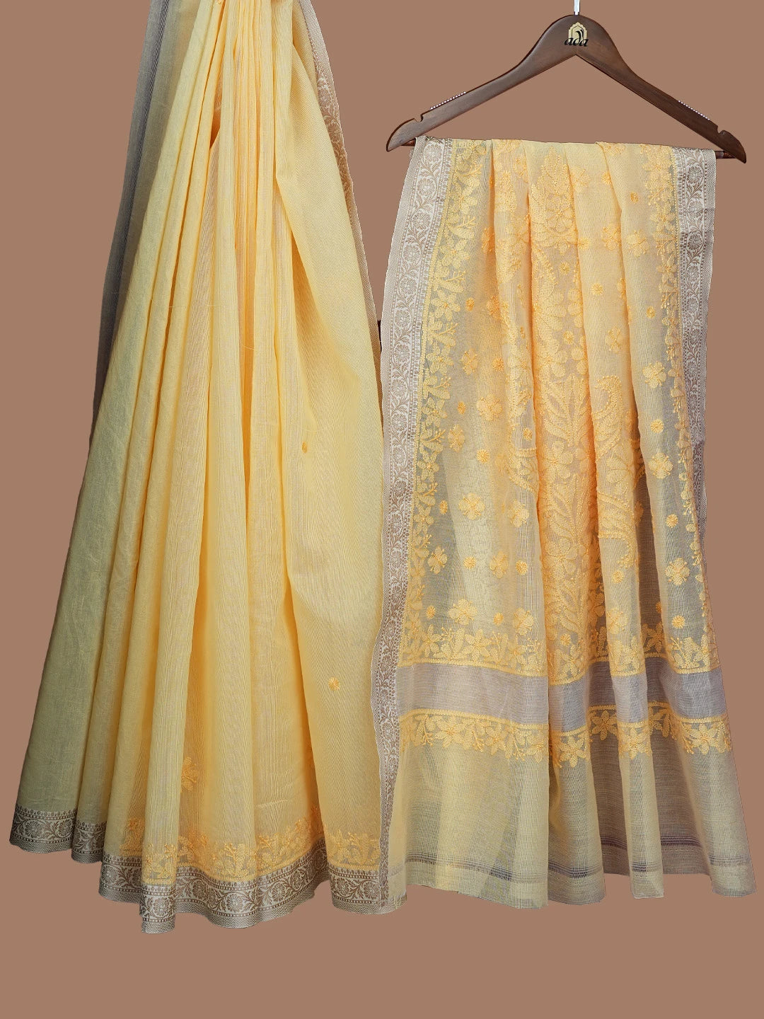 Ada Hand Embroidered Light Yellow Kota Chanderi Lucknowi Chikankari Saree and Blouse 01A709941