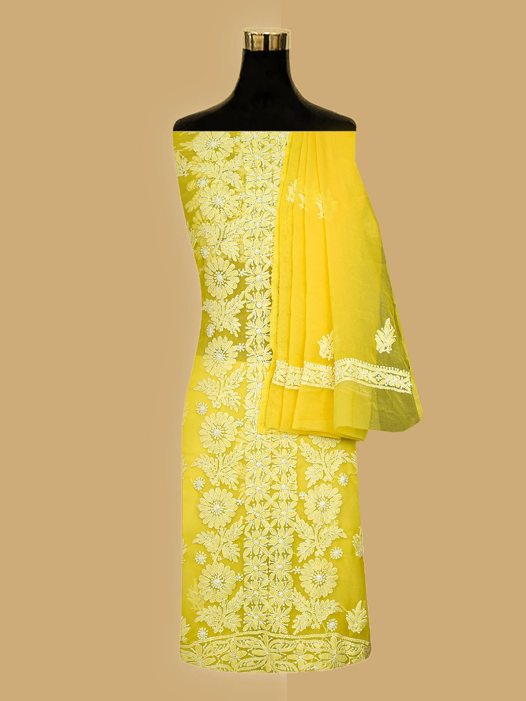 Ada Hand Embroidered Yellow Georgette Lucknowi Chikankari Unstitched Suit Piece 01A793585