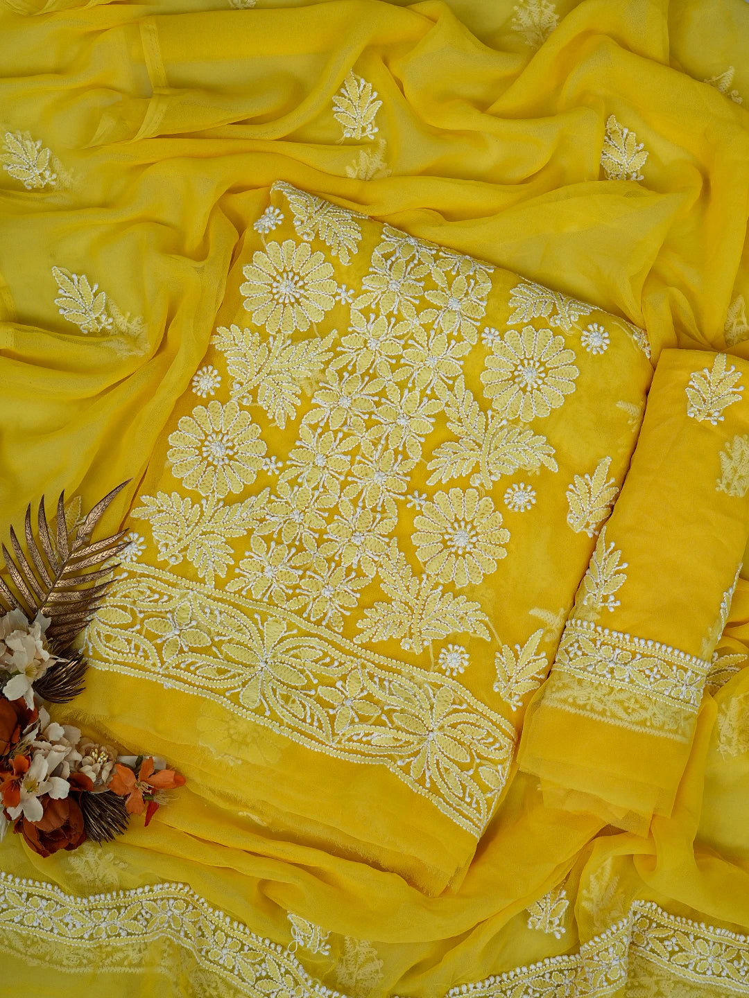 Ada Hand Embroidered Yellow Georgette Lucknowi Chikankari Unstitched Suit Piece 01A793585