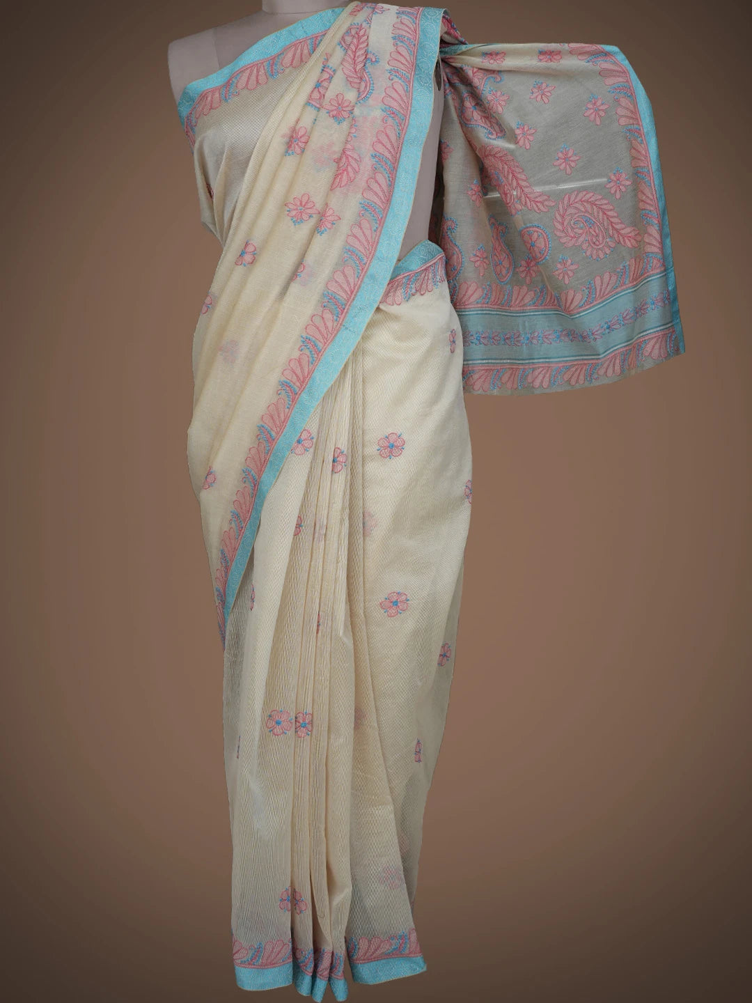 Ada Hand Embroidered Fawn Kota Chanderi Lucknowi Chikankari Saree and Blouse 01A680951