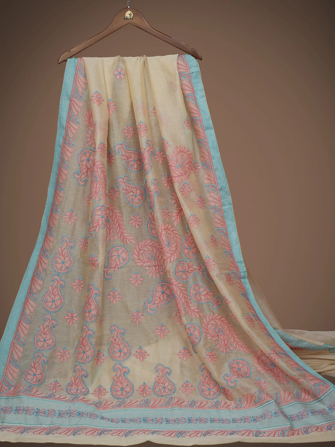 Ada Hand Embroidered Fawn Kota Chanderi Lucknowi Chikankari Saree and Blouse 01A680951