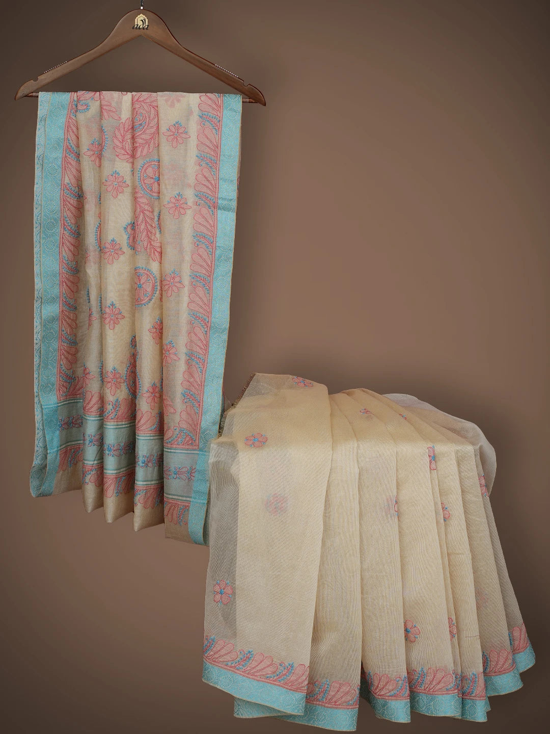 Ada Hand Embroidered Fawn Kota Chanderi Lucknowi Chikankari Saree and Blouse 01A680951