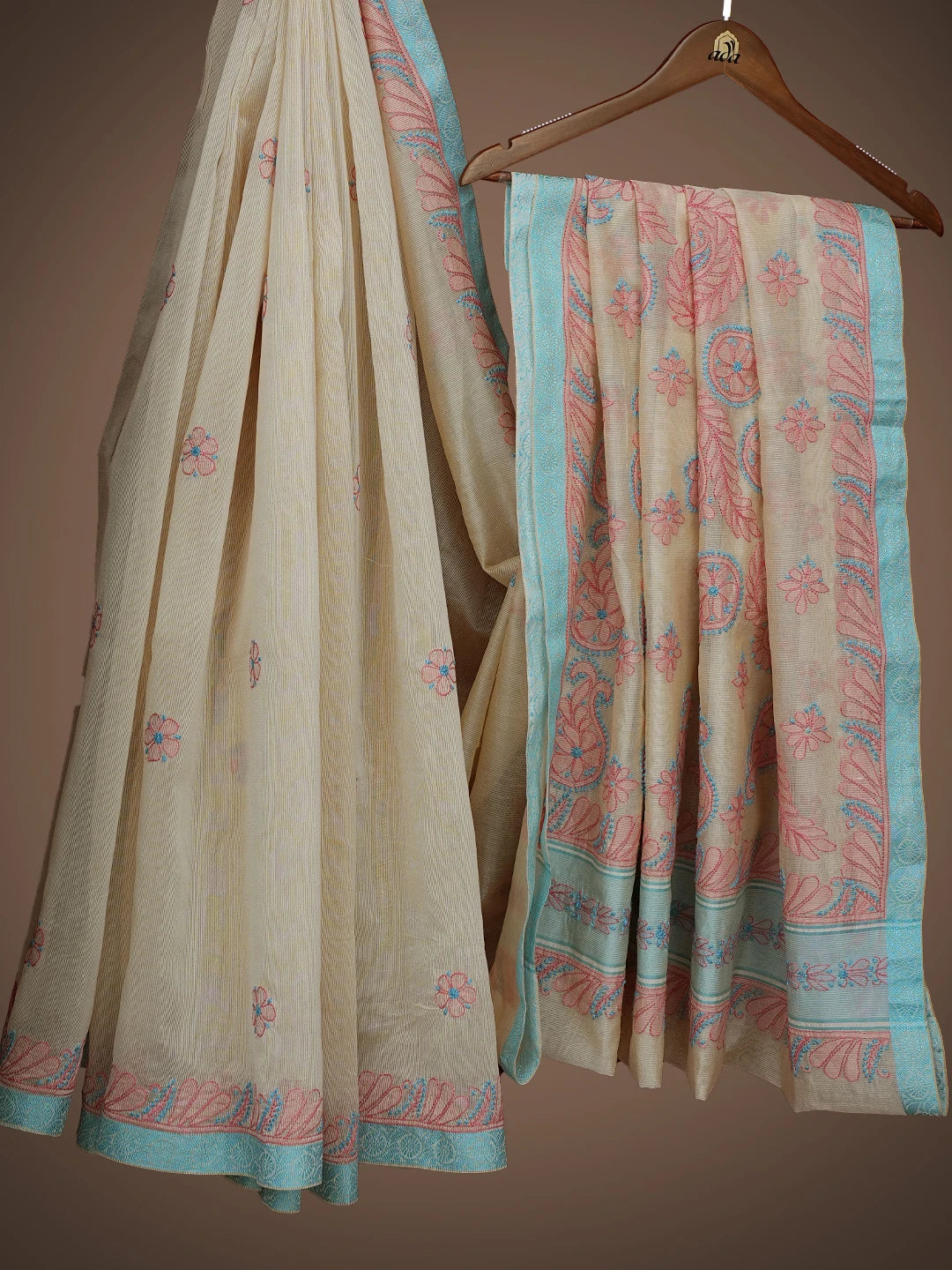 Ada Hand Embroidered Fawn Kota Chanderi Lucknowi Chikankari Saree and Blouse 01A680951