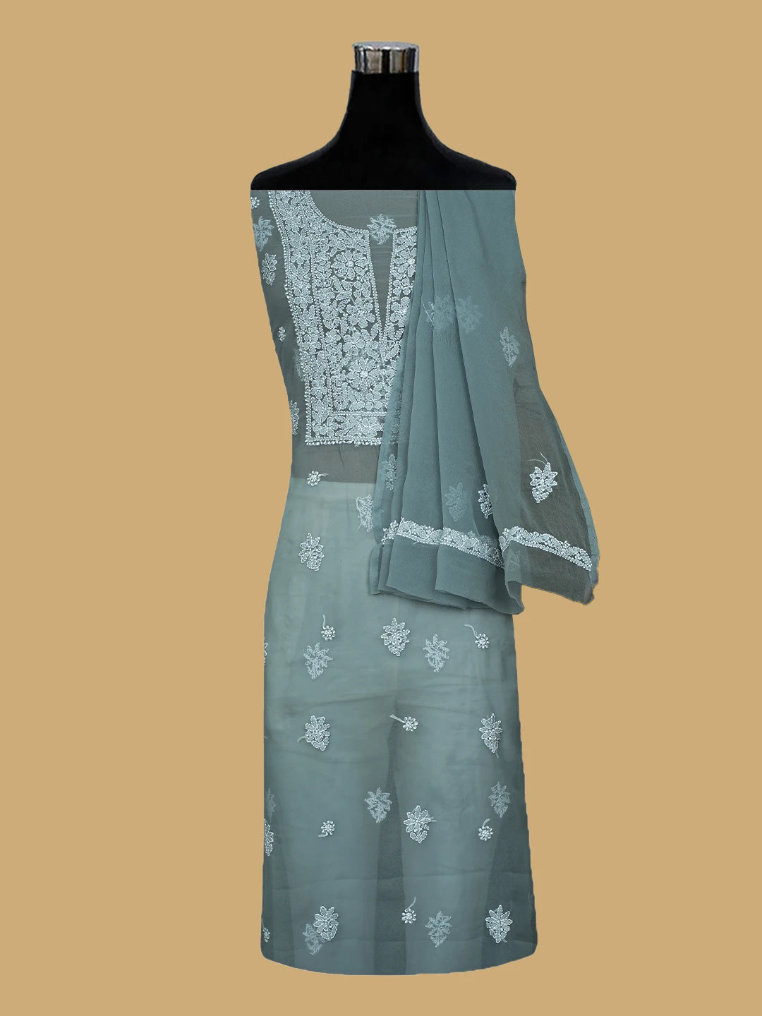 Ada Hand Embroidered Grey Georgette Lucknowi Chikankari Unstitched Suit Piece 01A791436