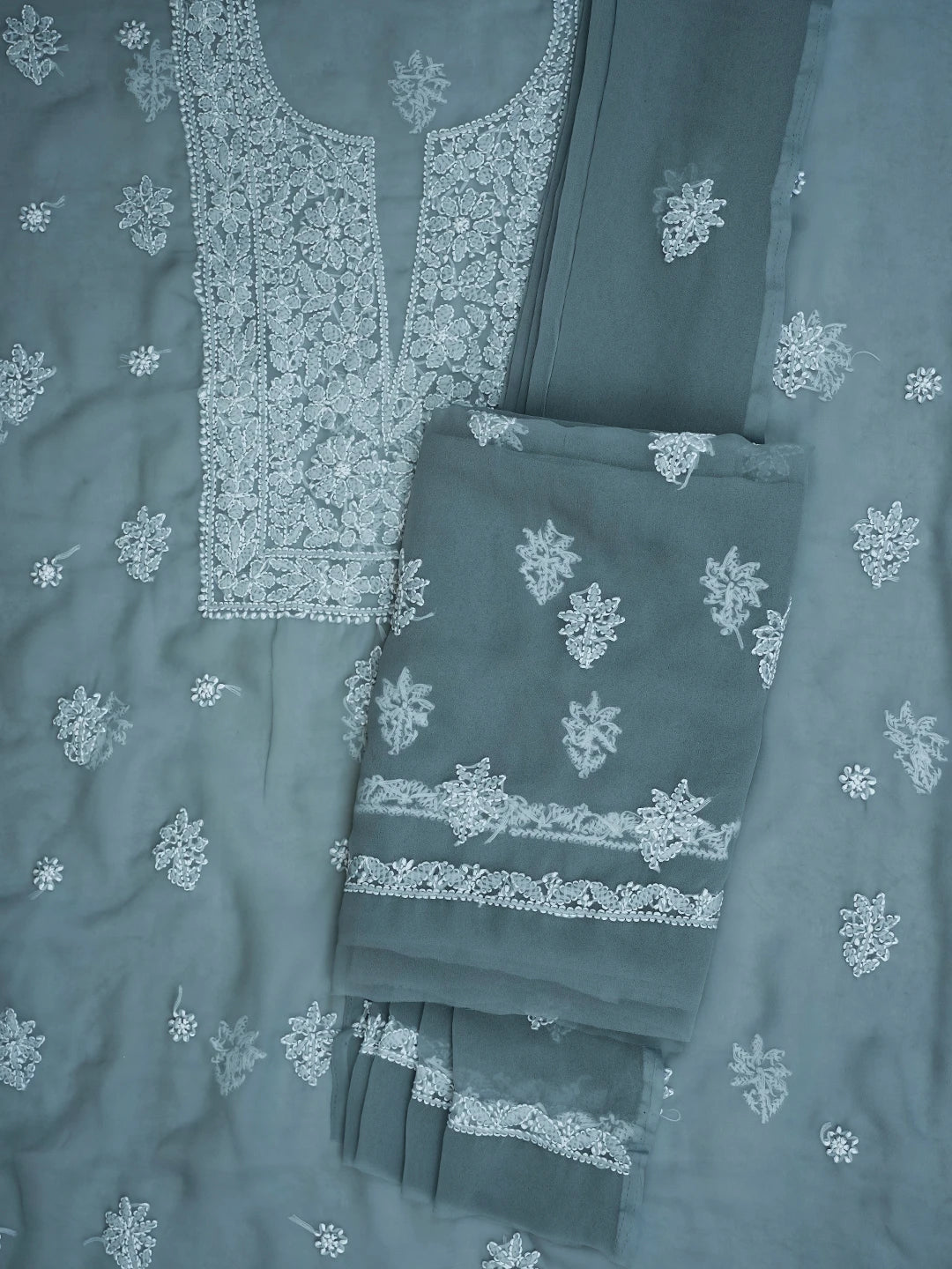 Ada Hand Embroidered Grey Georgette Lucknowi Chikankari Unstitched Suit Piece 01A791436