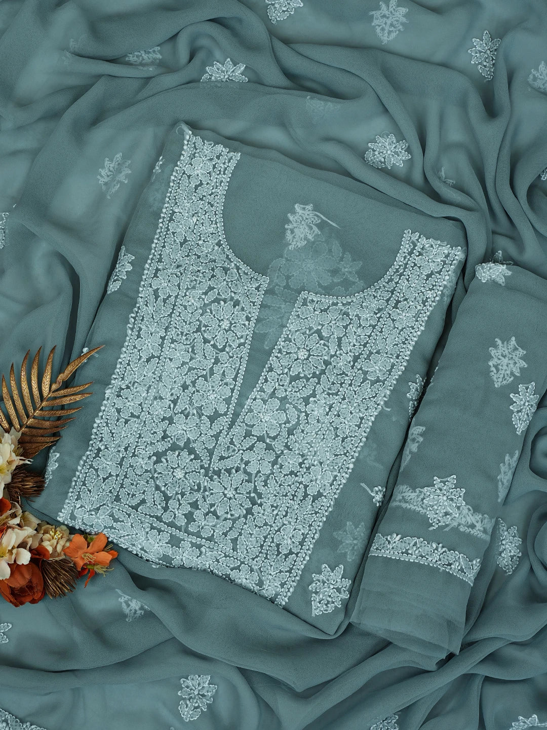 Ada Hand Embroidered Grey Georgette Lucknowi Chikankari Unstitched Suit Piece 01A791436