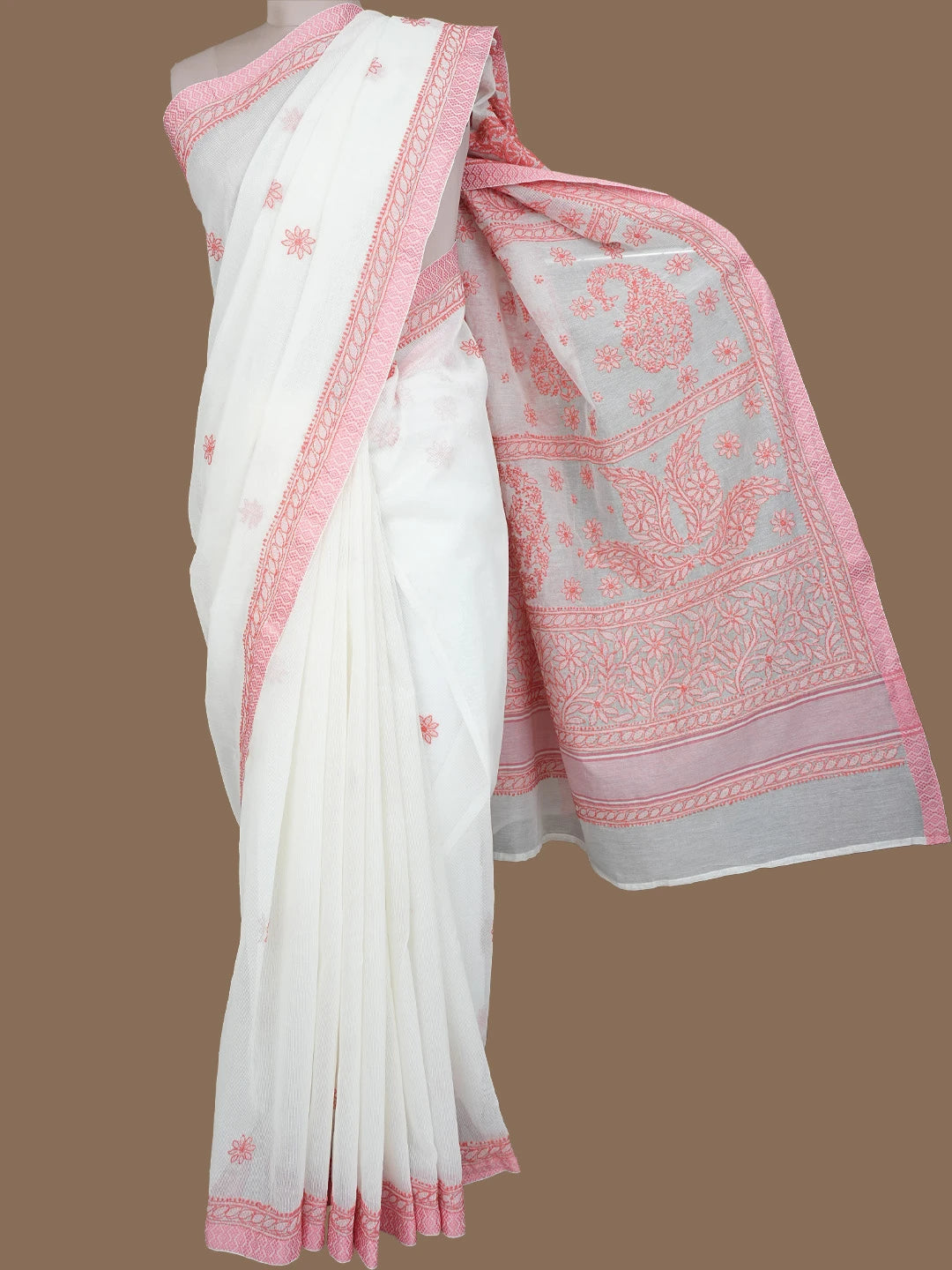 Ada Hand Embroidered White Kota Chanderi Lucknowi Chikankari Saree and Blouse 01A675059