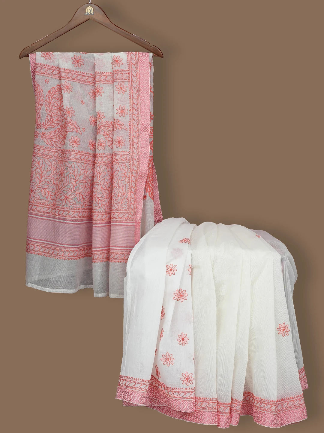 Ada Hand Embroidered White Kota Chanderi Lucknowi Chikankari Saree and Blouse 01A675059