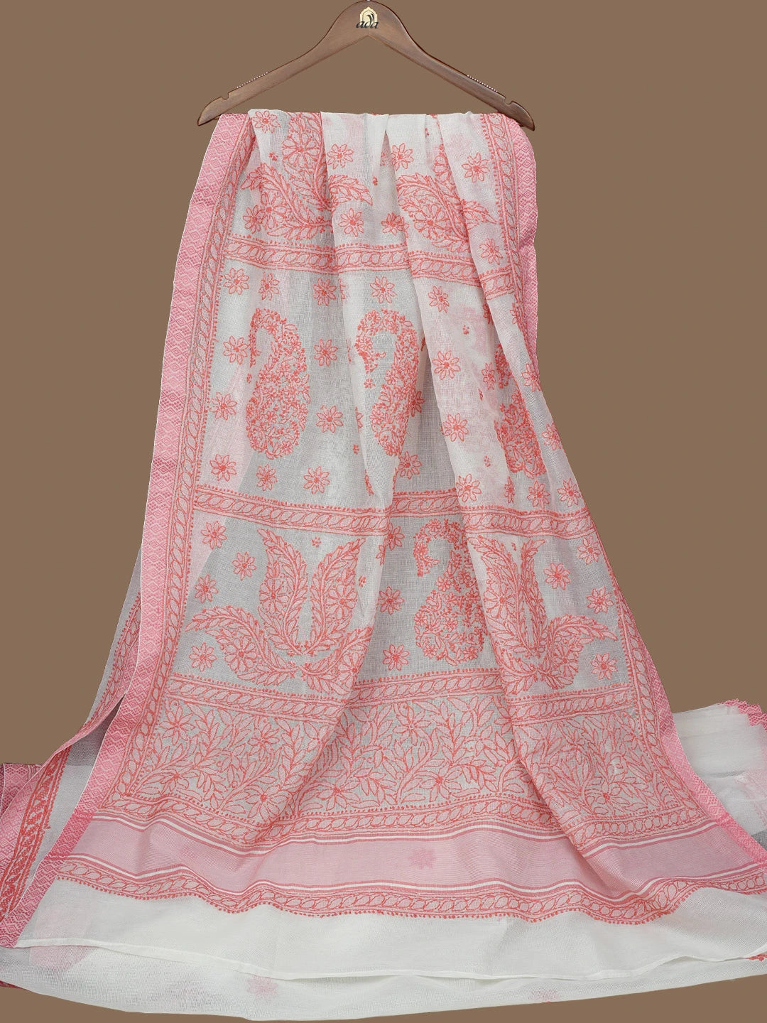 Ada Hand Embroidered White Kota Chanderi Lucknowi Chikankari Saree and Blouse 01A675059