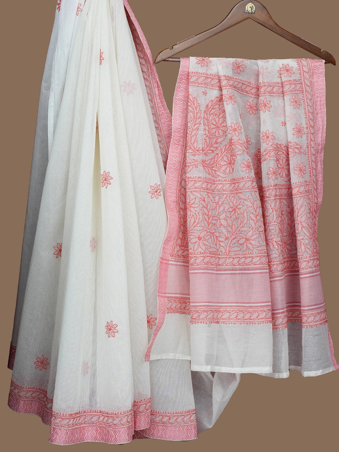 Ada Hand Embroidered White Kota Chanderi Lucknowi Chikankari Saree and Blouse 01A675059