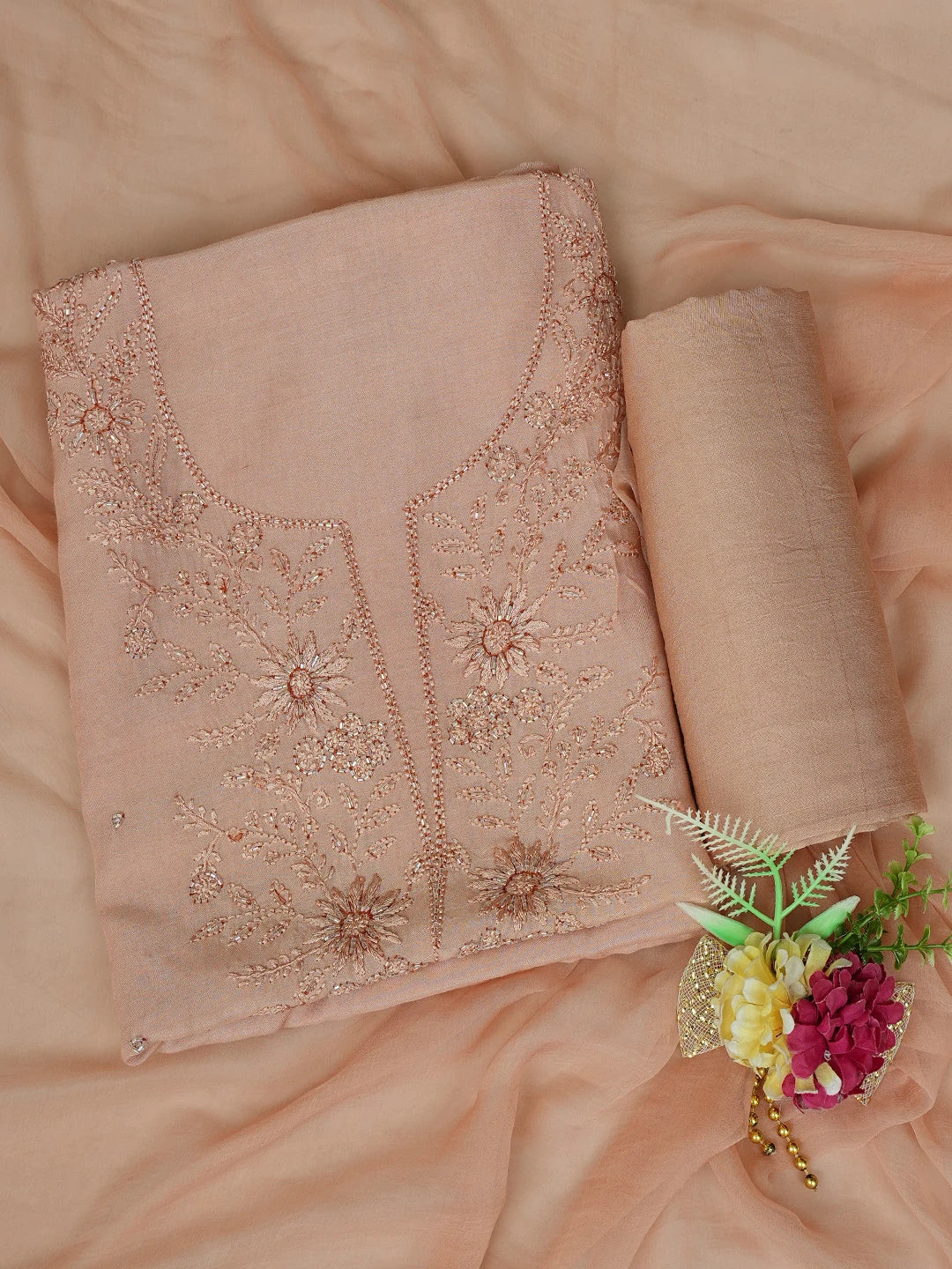 Ada Hand Embroidered Dusty Peach Muslin Lucknowi Chikankari Unstitched Suit Piece With Cutdana Work 01A788638