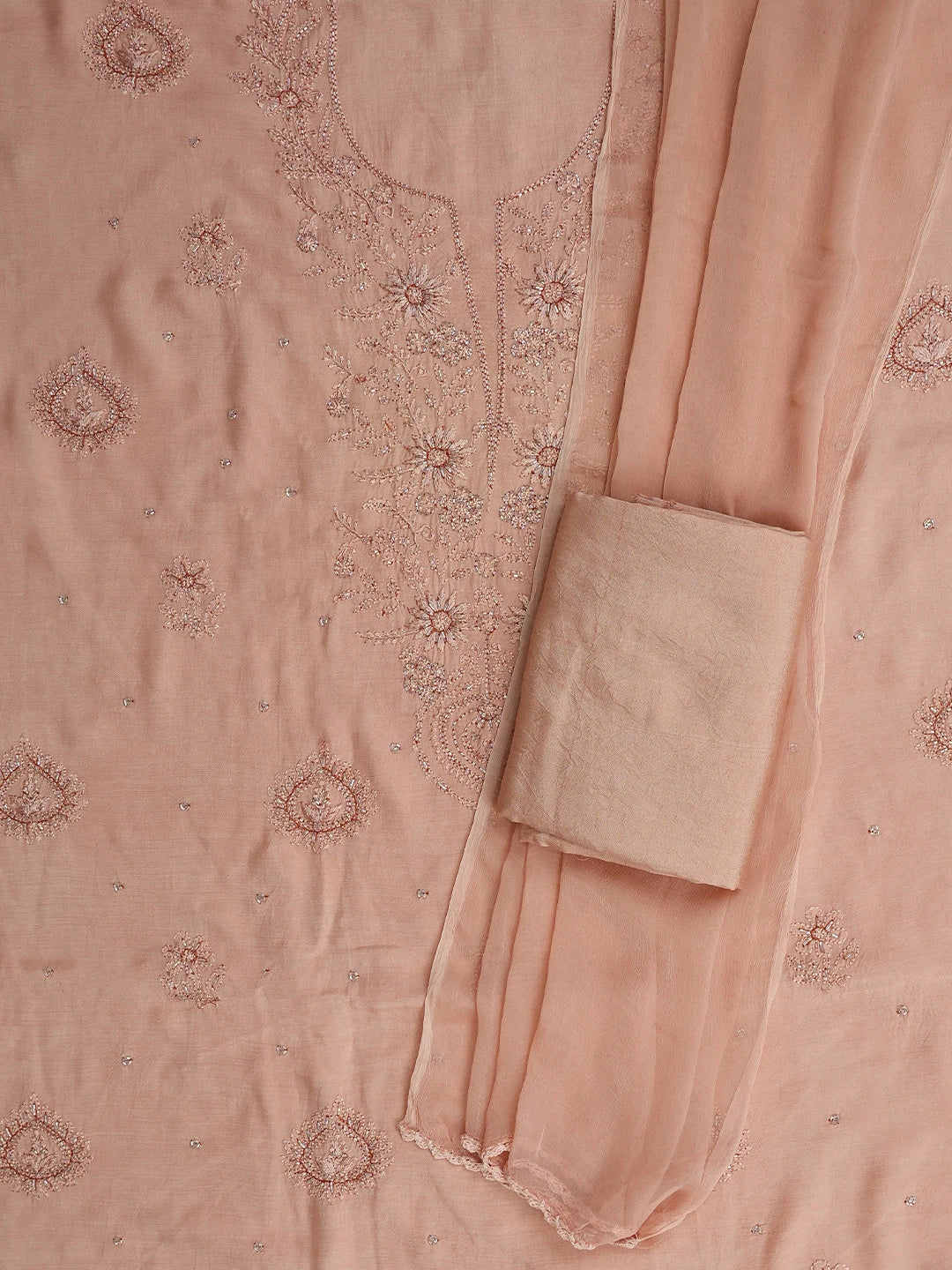 Ada Hand Embroidered Dusty Peach Muslin Lucknowi Chikankari Unstitched Suit Piece With Cutdana Work 01A788638