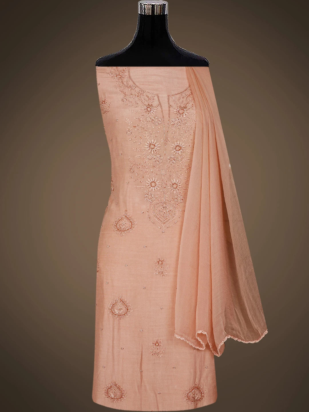 Ada Hand Embroidered Dusty Peach Muslin Lucknowi Chikankari Unstitched Suit Piece With Cutdana Work 01A788638