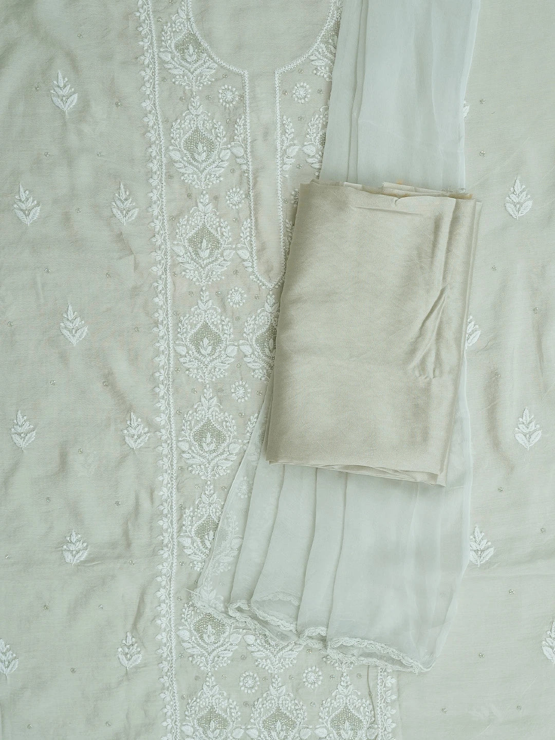 Ada Hand Embroidered Pastel Grey Chanderi Lucknowi Chikankari Unstitched Suit Piece With Cutdana Work 01A788697