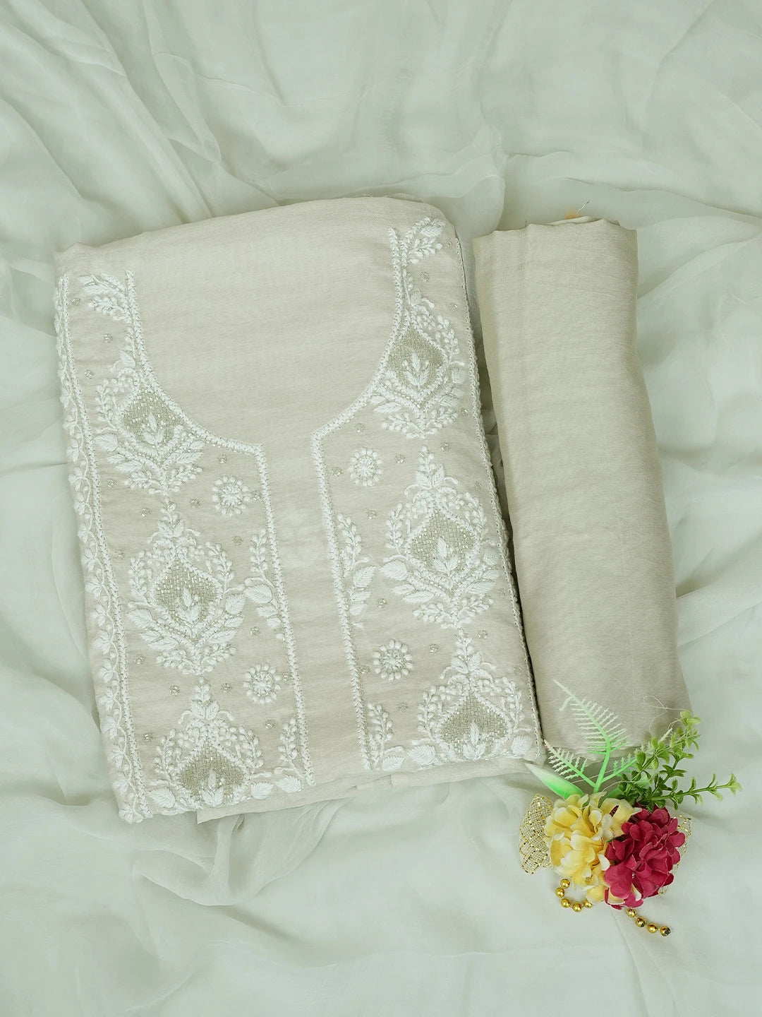 Ada Hand Embroidered Pastel Grey Chanderi Lucknowi Chikankari Unstitched Suit Piece With Cutdana Work 01A788697