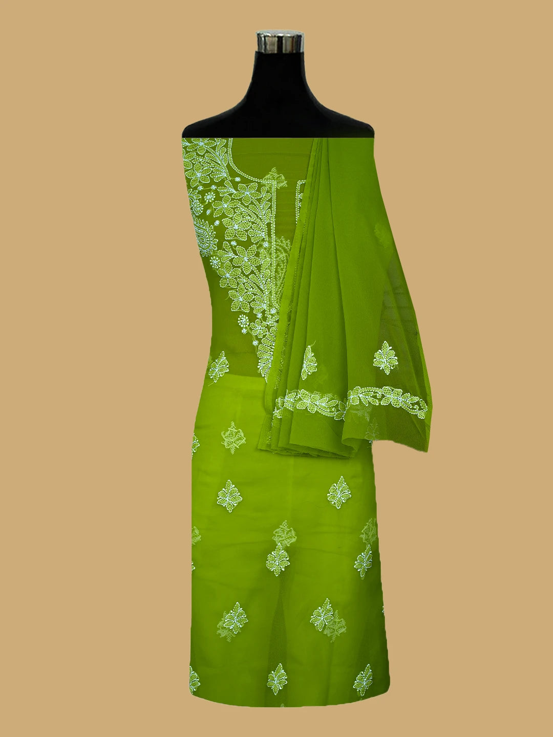 Ada Hand Embroidered Green Georgette Lucknowi Chikankari Unstitched Suit Piece 01A776380