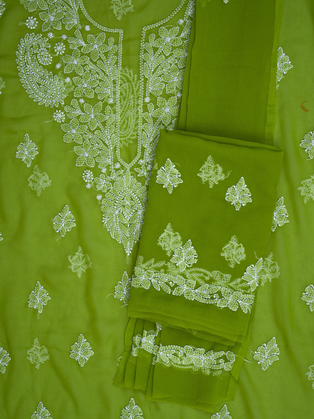 Ada Hand Embroidered Green Georgette Lucknowi Chikankari Unstitched Suit Piece 01A776380