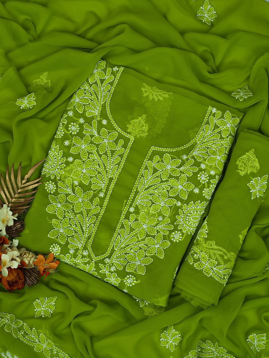 Ada Hand Embroidered Green Georgette Lucknowi Chikankari Unstitched Suit Piece 01A776380