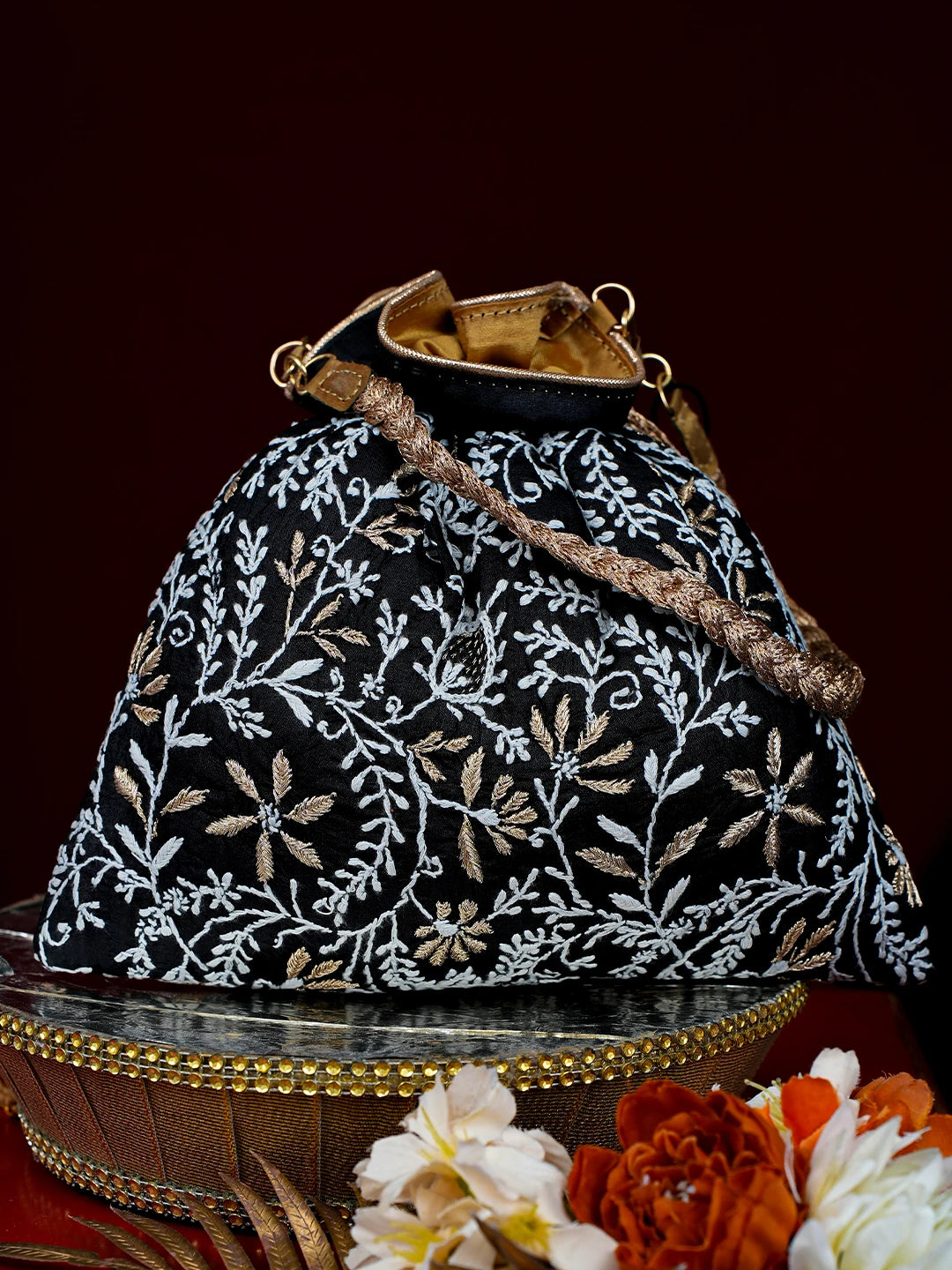 Ada Hand Embroidered Black Silk Lucknowi Chikankari Potli With Zari Work 01A793820