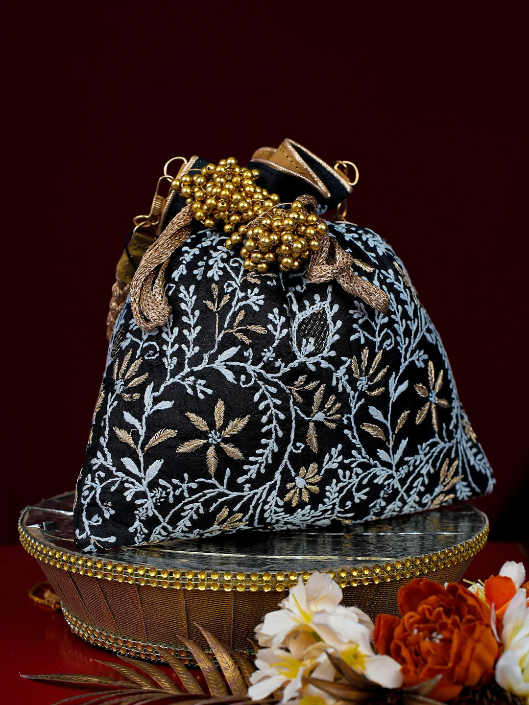 Ada Hand Embroidered Black Silk Lucknowi Chikankari Potli With Zari Work 01A793820