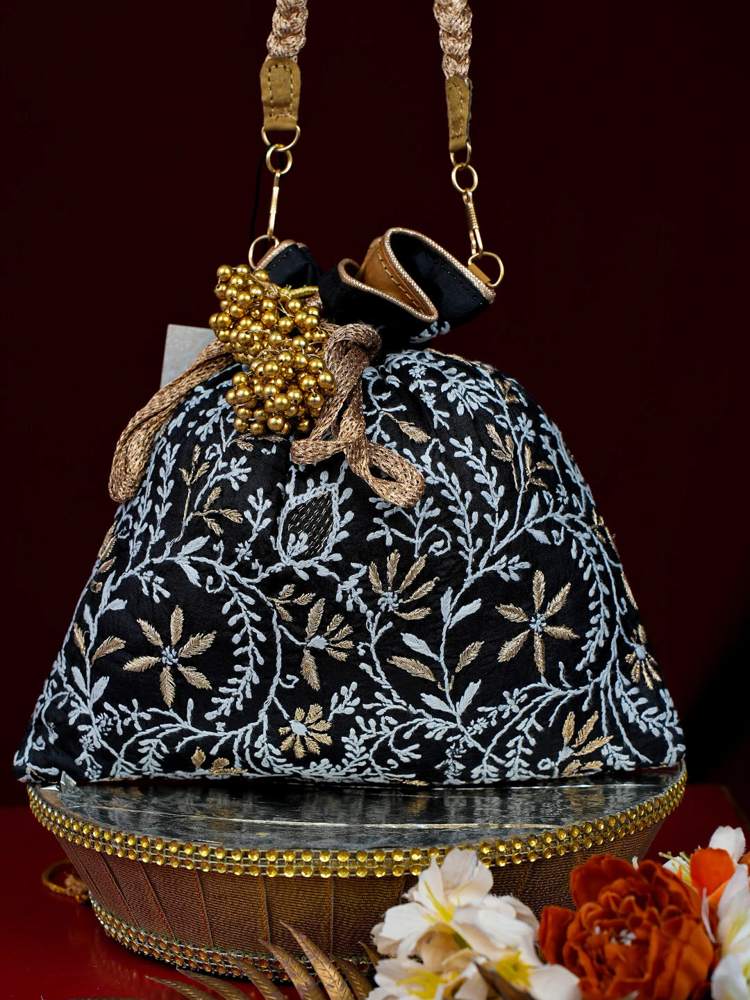 Ada Hand Embroidered Black Silk Lucknowi Chikankari Potli With Zari Work 01A793820
