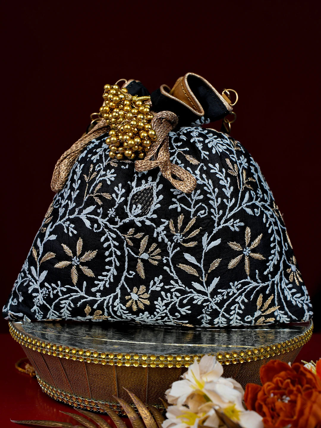 Ada Hand Embroidered Black Silk Lucknowi Chikankari Potli With Zari Work 01A793820