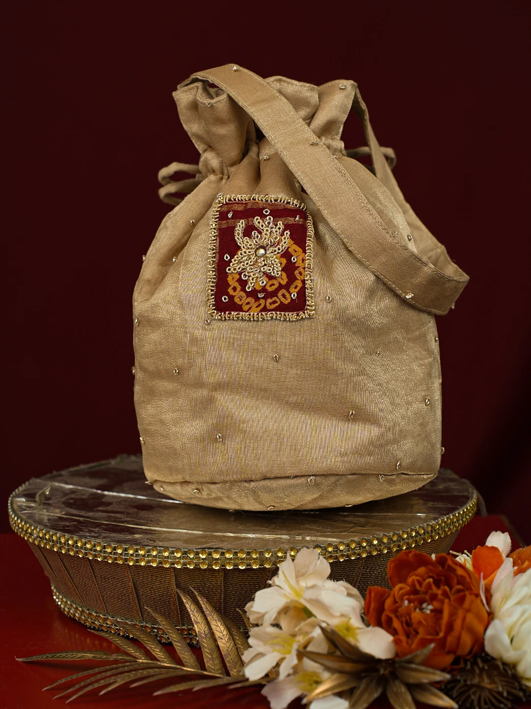 Ada Hand Embroidered Fawn Tissue Lucknowi Chikankari Potli With Zari Work 01A797330