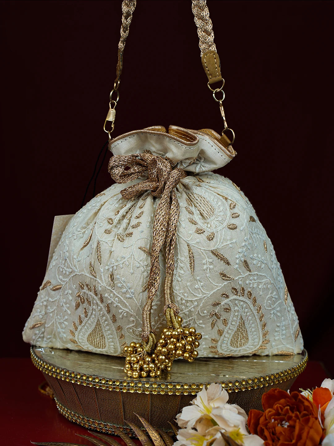 Ada Hand Embroidered Cream Silk Lucknowi Chikankari Potli With Zari Work 01A793825