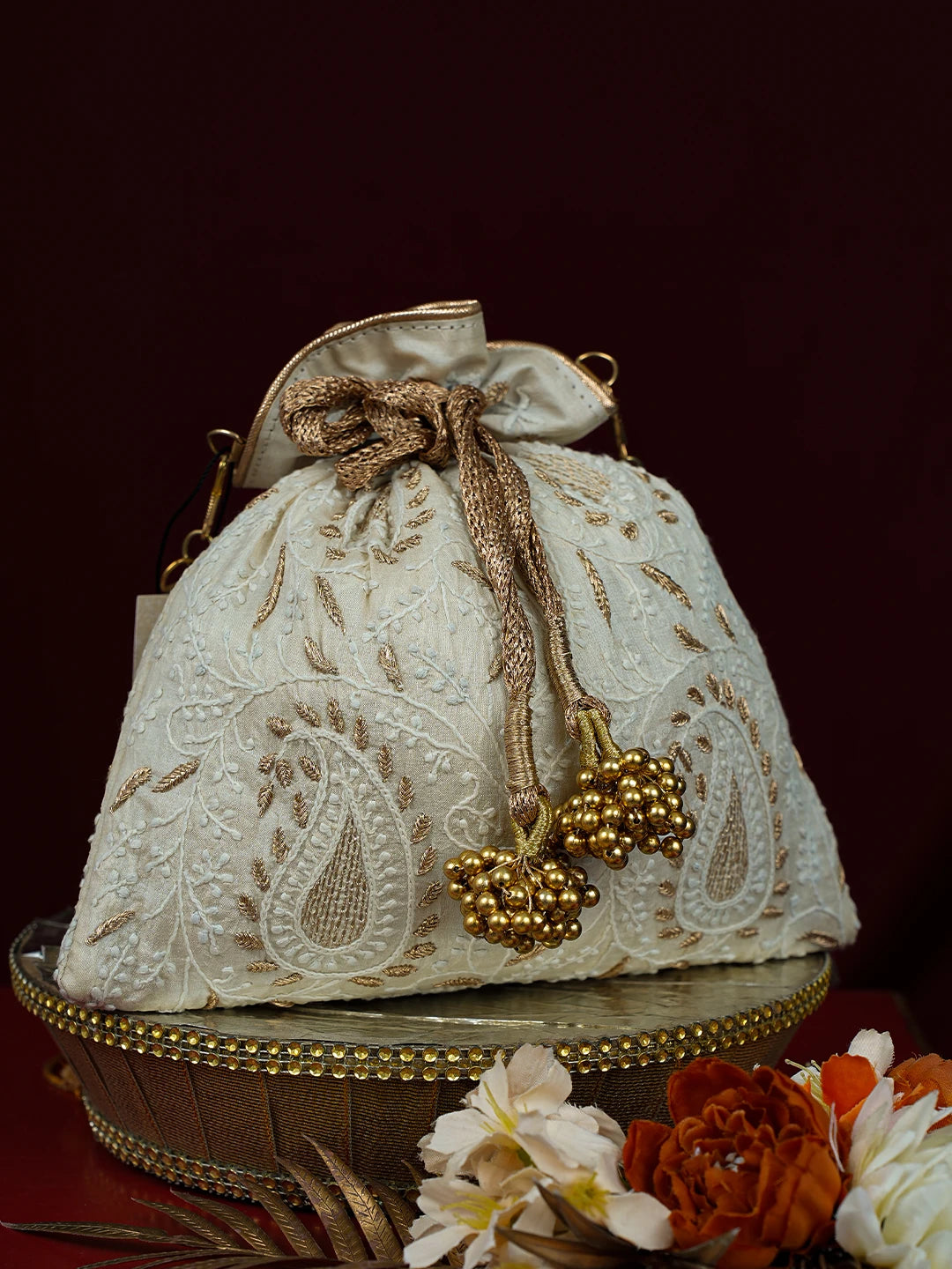 Ada Hand Embroidered Cream Silk Lucknowi Chikankari Potli With Zari Work 01A793825