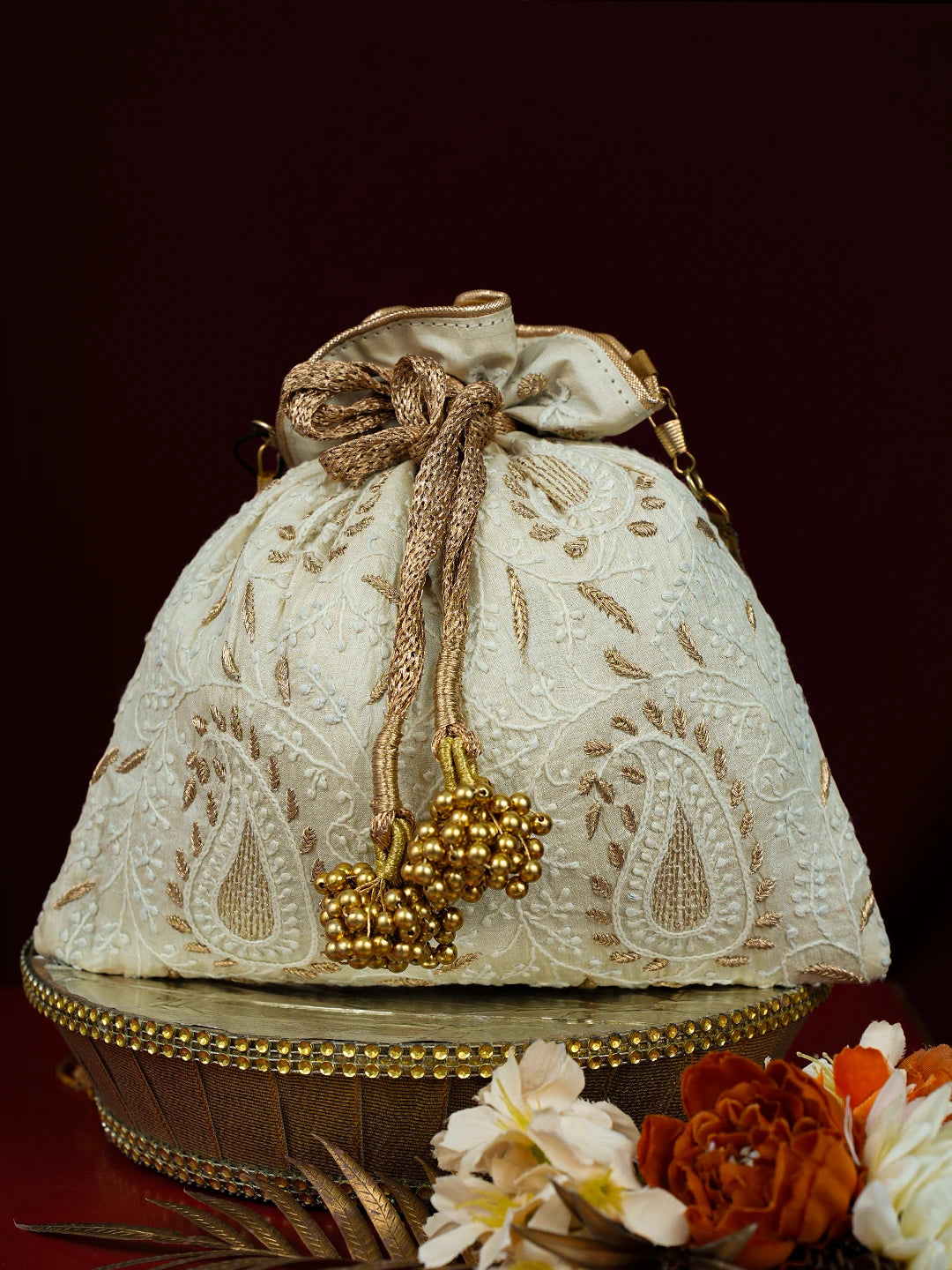 Ada Hand Embroidered Cream Silk Lucknowi Chikankari Potli With Zari Work 01A793825