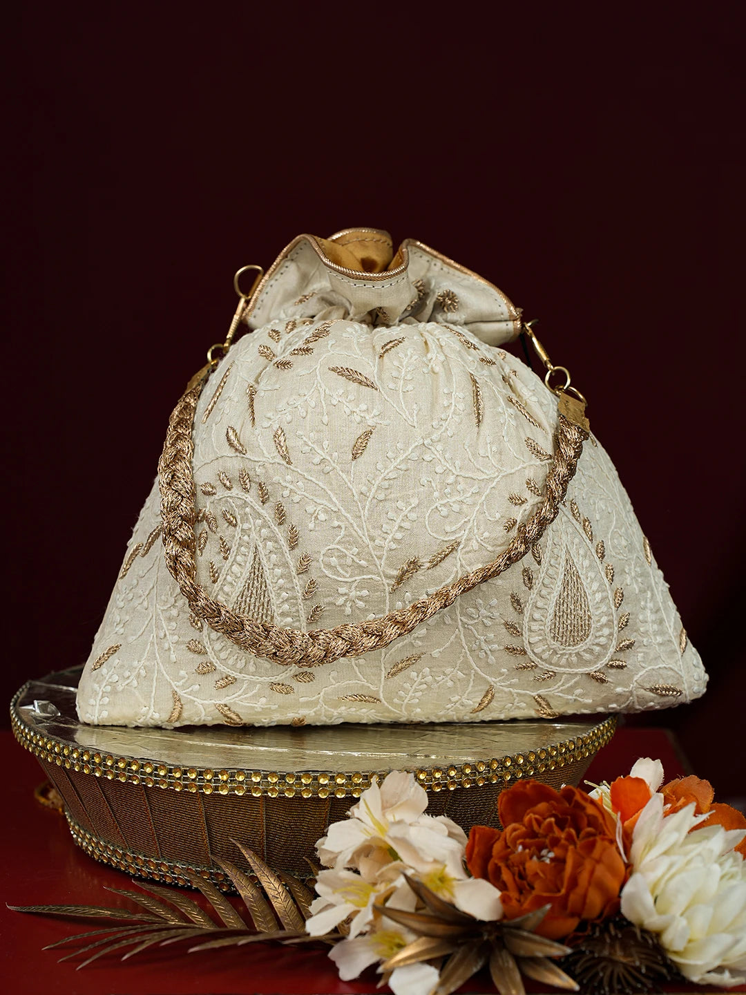 Ada Hand Embroidered Cream Silk Lucknowi Chikankari Potli With Zari Work 01A793825
