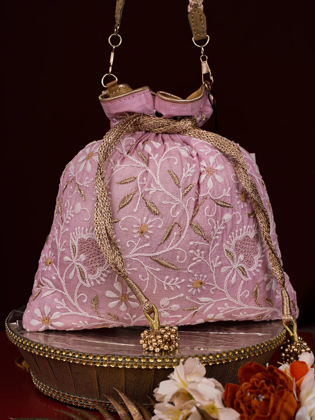 Ada Hand Embroidered Pink Silk Lucknowi Chikankari Potli With Zari Work 01A784294